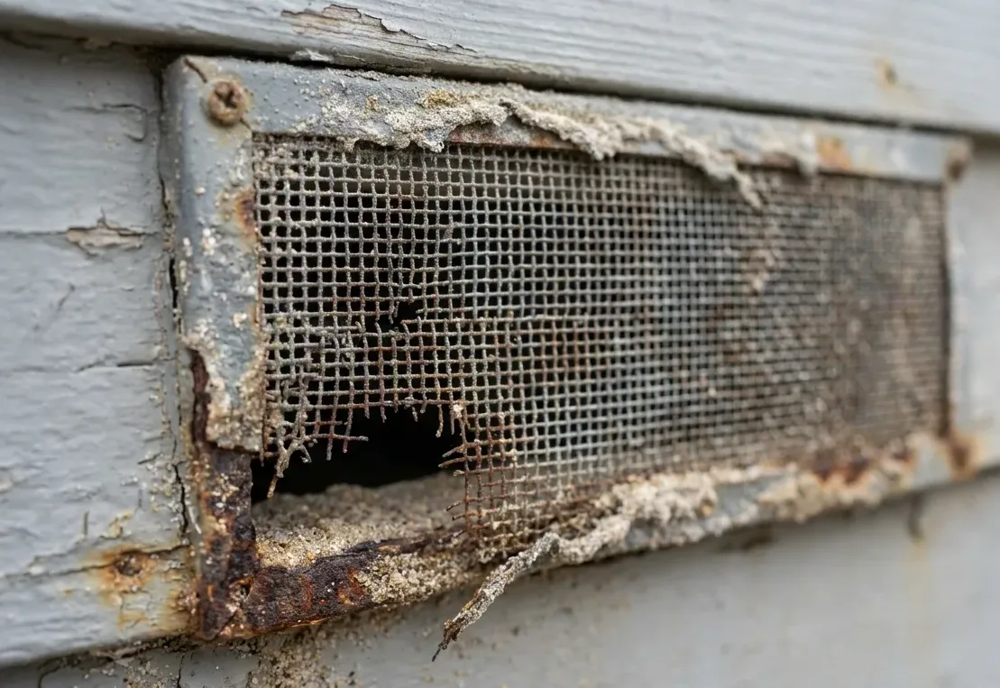Rusted and torn crawlspace vent screen set into the weatherboard skirting of a raised Baytown home