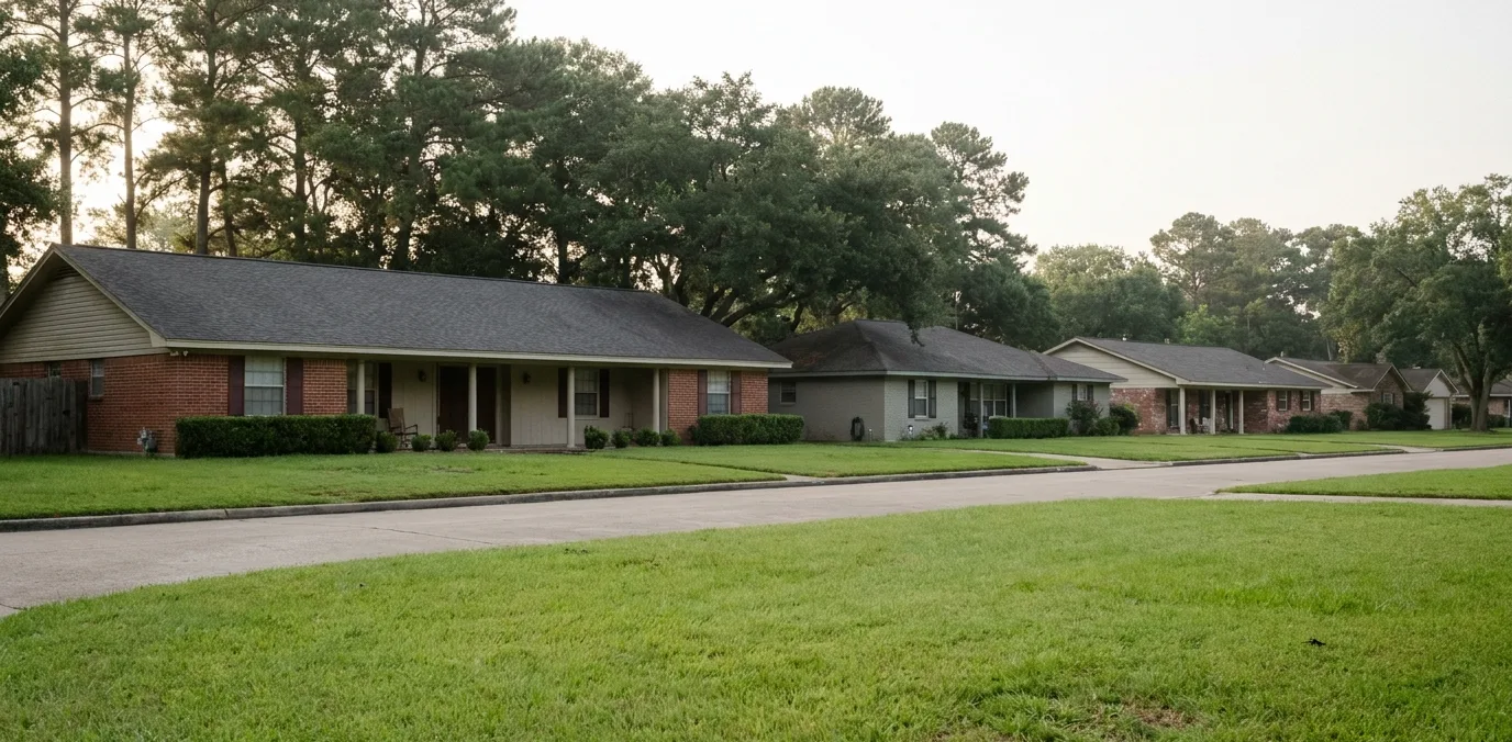 Street of low brick homes with wide eaves and mature pines in Baytown, Texas