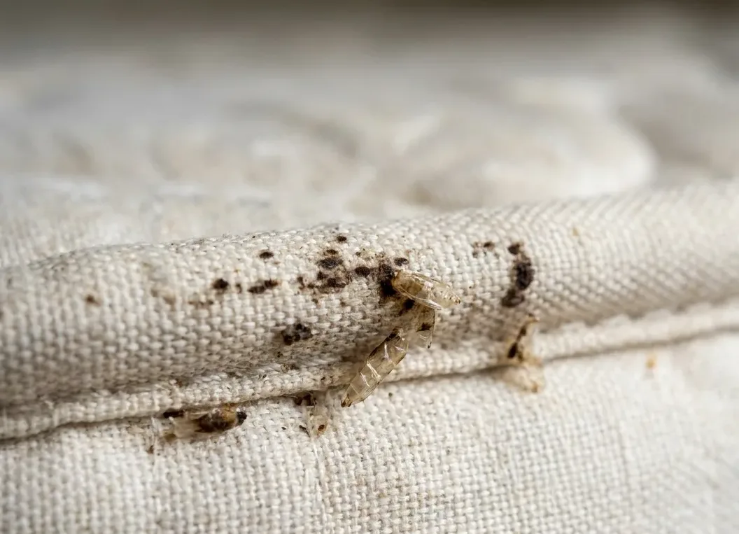 Dark speckled staining and shed casings along the welted piping of an infested mattress seam