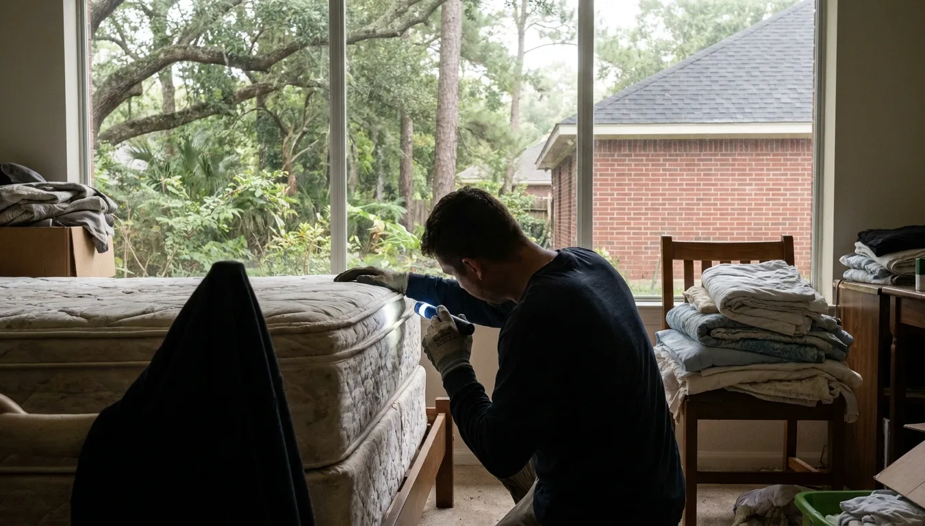 Pest technician lifting a mattress corner to inspect the seam for bed bugs in a Houston bedroom