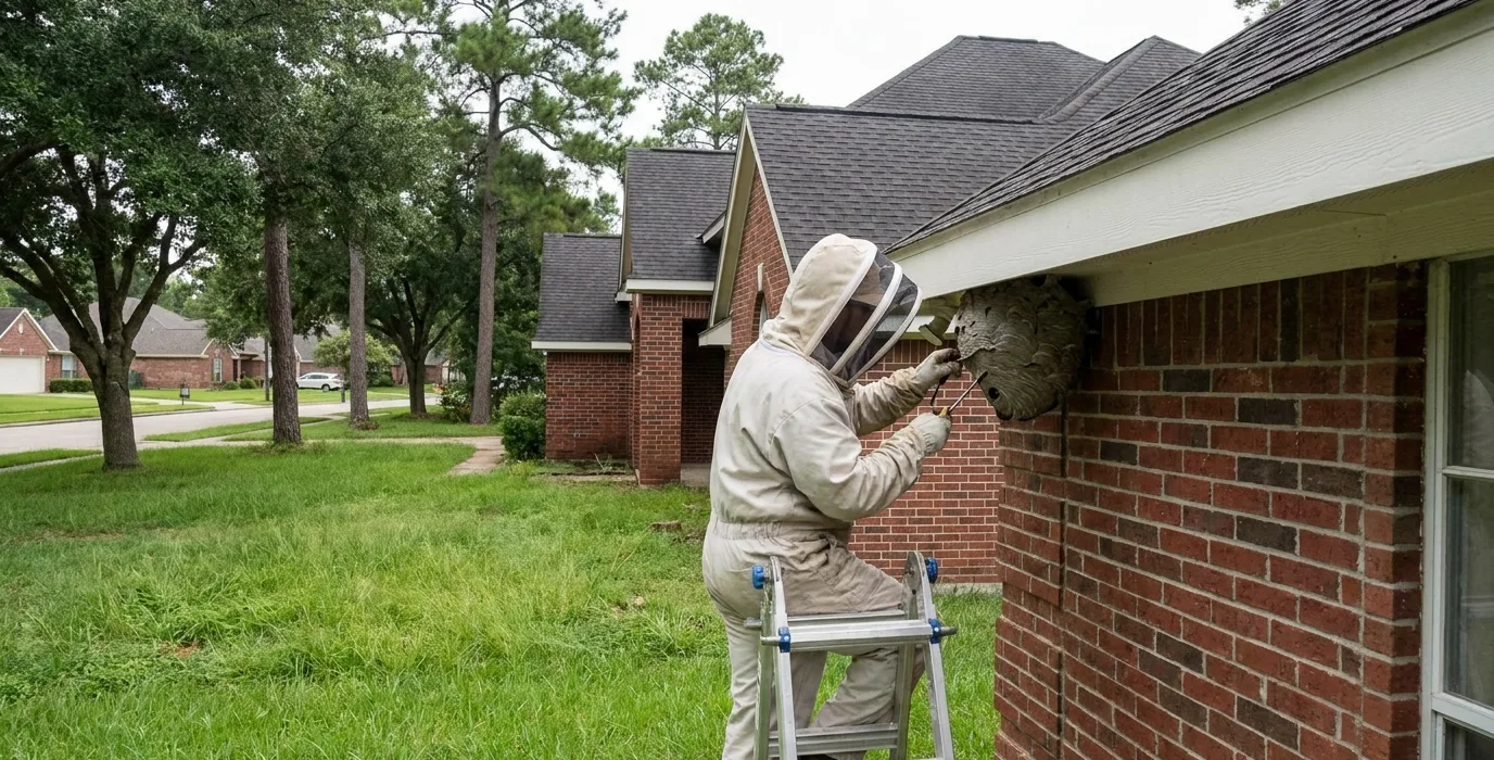 Technician in a protective bee suit removing a paper wasp nest from the soffit of a Houston brick home