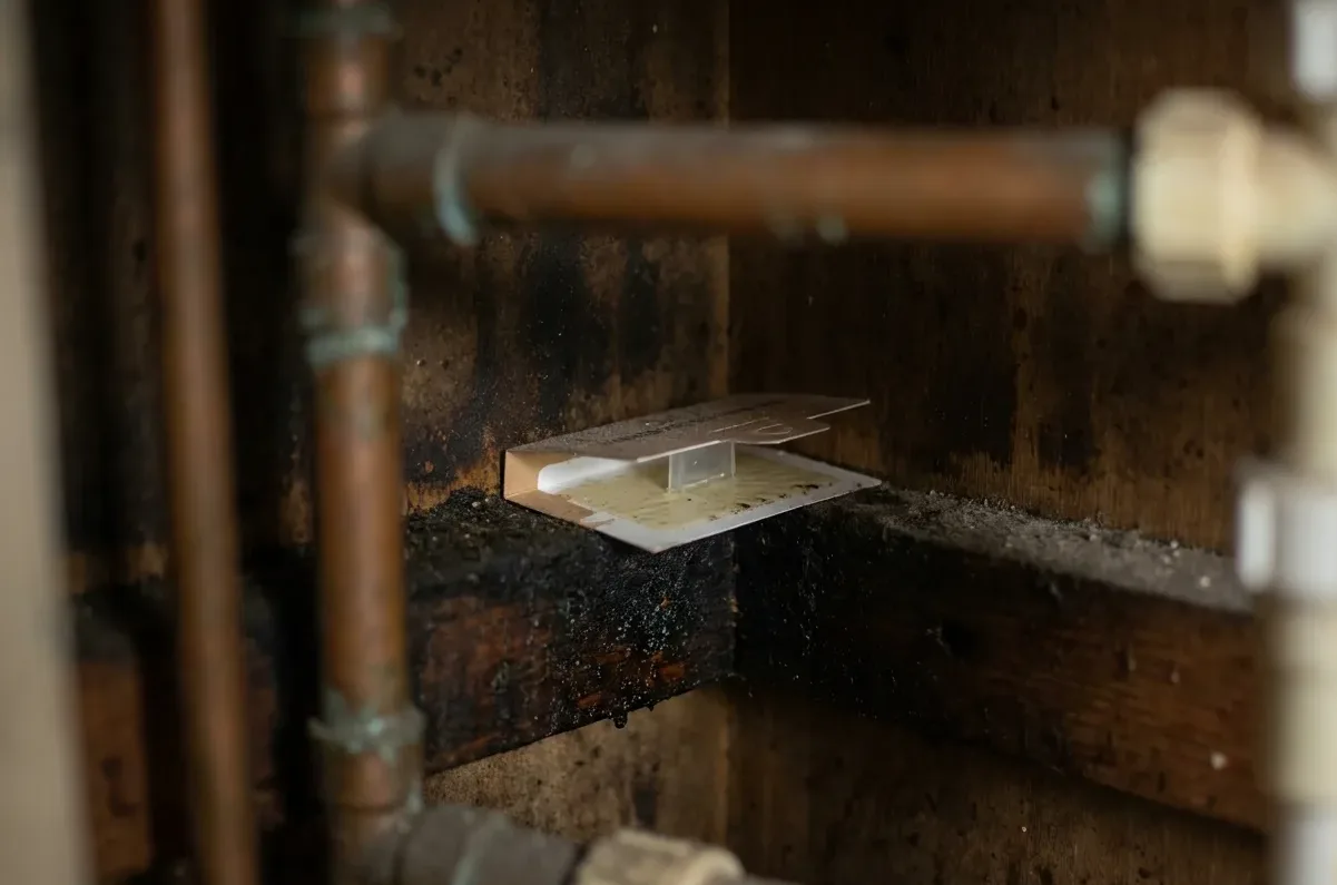 Monitoring trap set against the back panel of a kitchen cabinet behind the plumbing