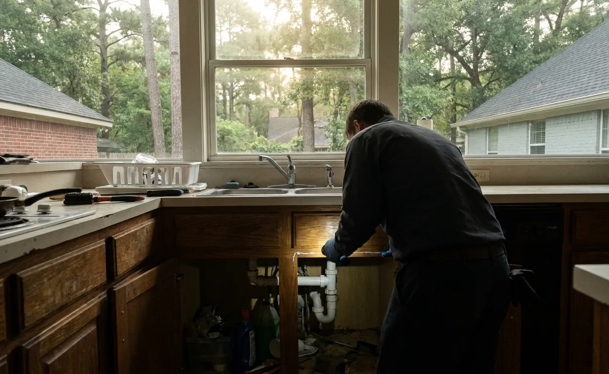 Technician applying cockroach gel bait along the hinge line of an under-sink kitchen cabinet