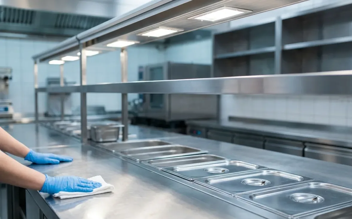 Spotless stainless steel commercial kitchen prep line kept pest-free