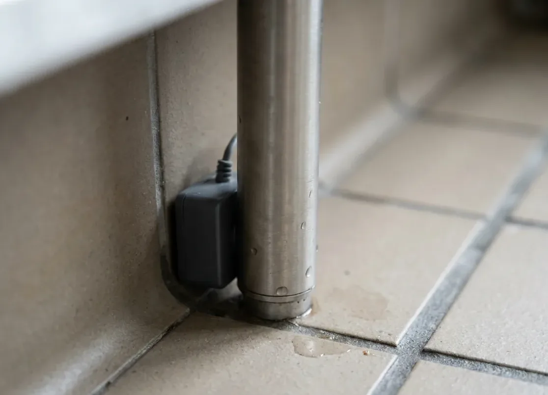 Discreet monitoring station tucked at the base of a stainless steel commercial kitchen shelf