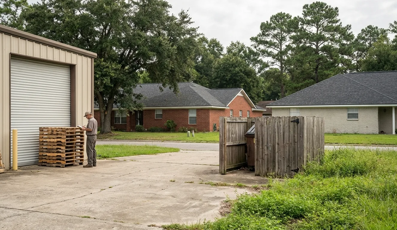 Technician inspecting the loading area and dumpster enclosure behind a Houston commercial building