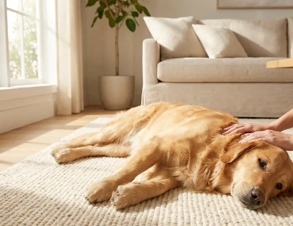 Dog resting on a clean living room rug in warm window light after flea treatment