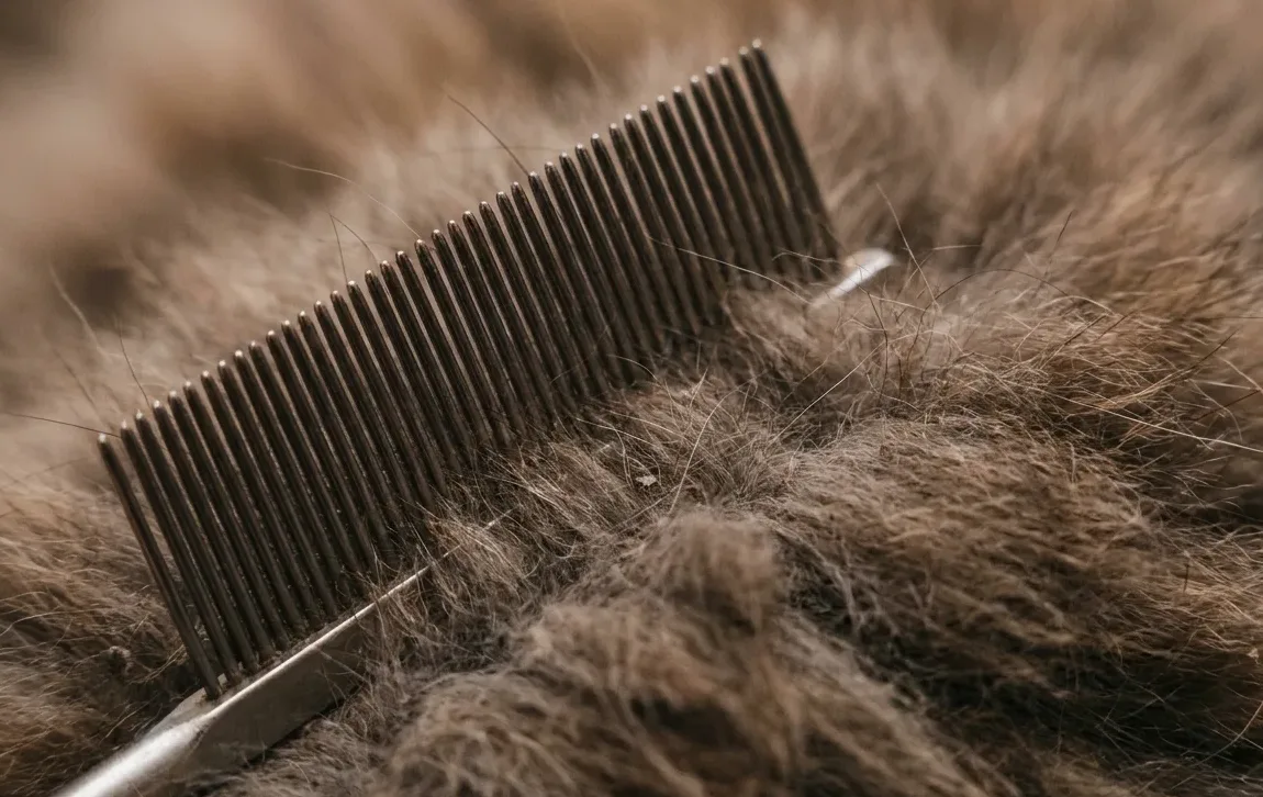 Fine-toothed flea comb drawn through dense pet fur