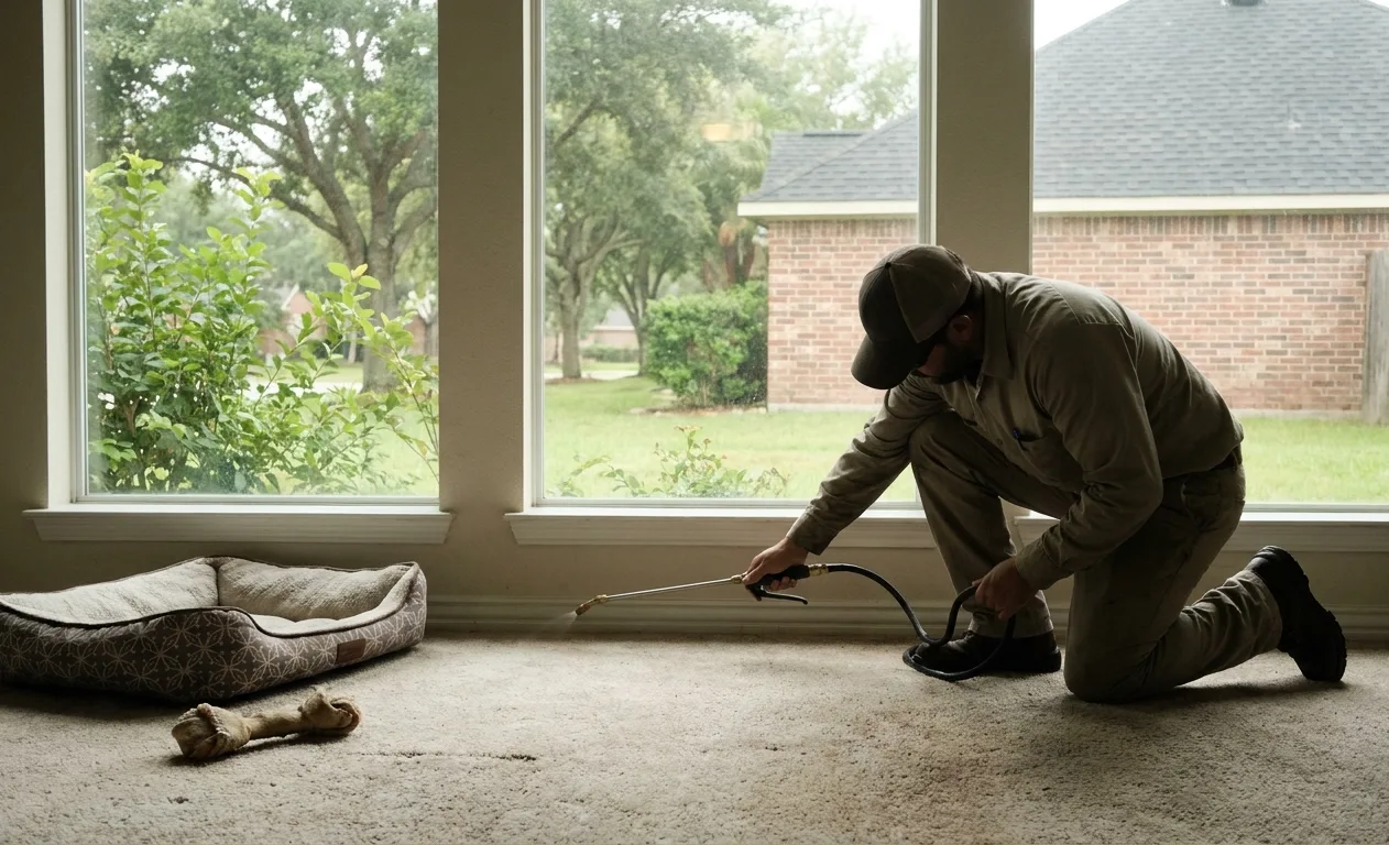 Technician treating the carpet edge along a living room skirting board for fleas beside a dog bed