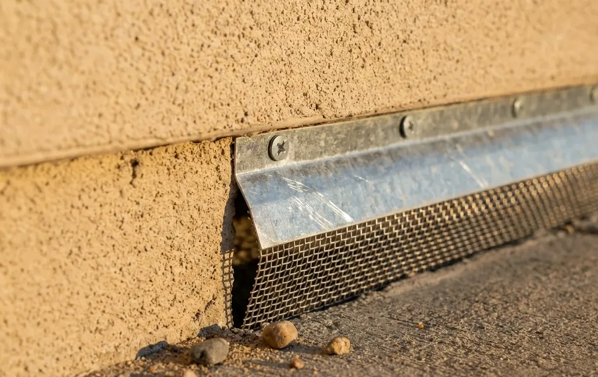 Rodent entry gap at a wall base closed off with stainless mesh behind a galvanized closure strip