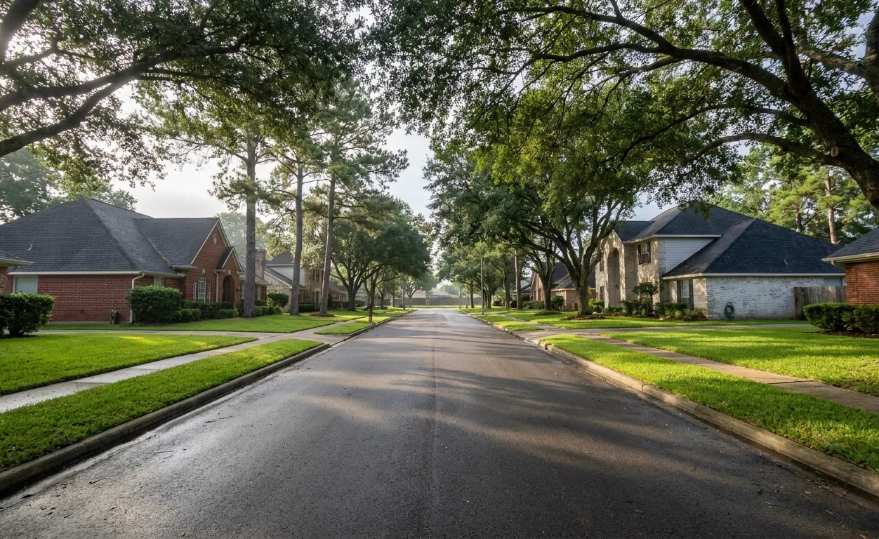 Quiet Houston residential street of brick homes beneath mature live oaks