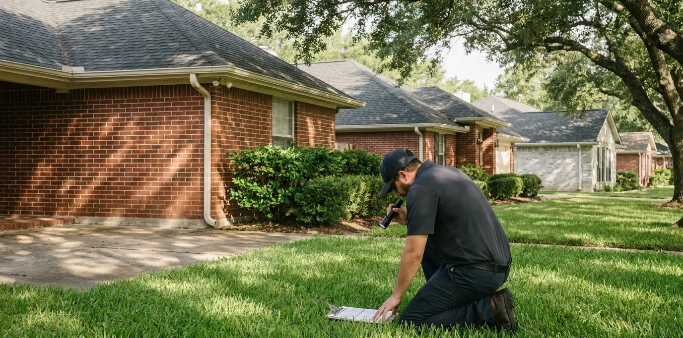 Pest control technician inspecting the brick foundation line of a Houston home with a flashlight