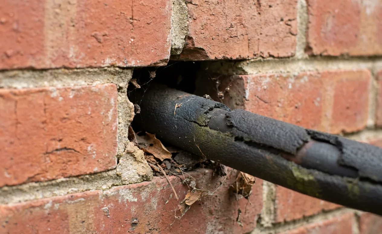 Unsealed gap where an air-conditioning line enters the brickwork of a Katy home