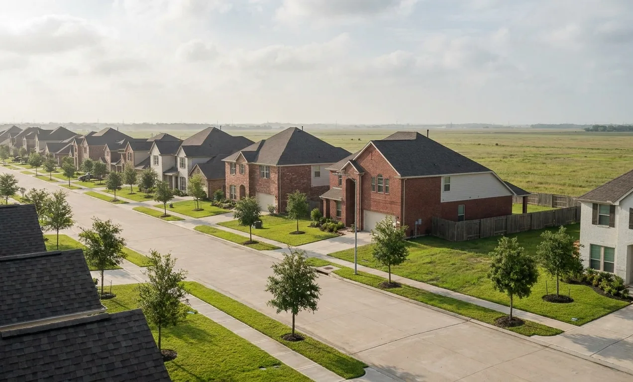 Wide new-build street of two-storey brick homes backing onto open prairie in Katy, Texas