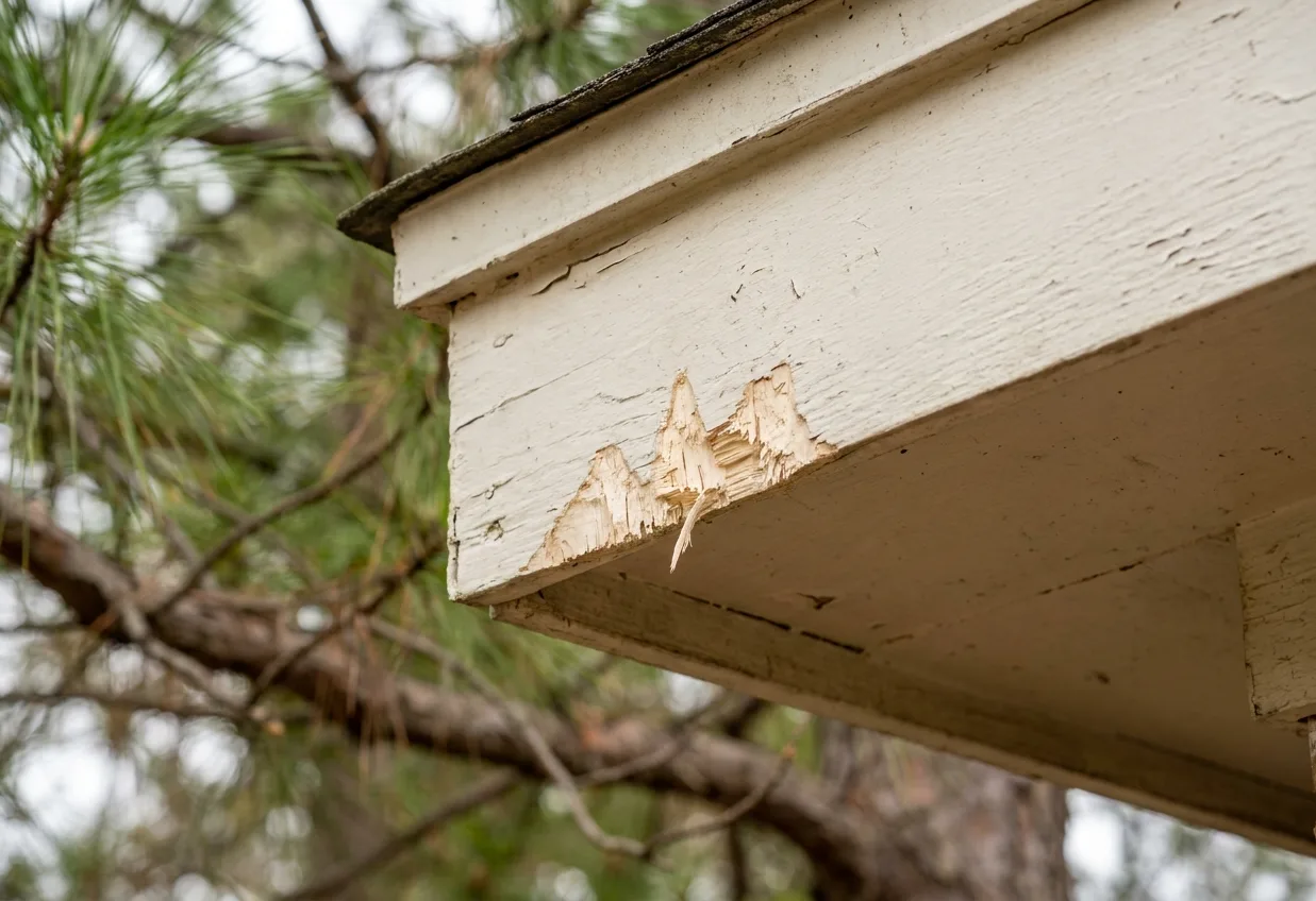 Squirrel-gnawed corner of a timber fascia board beneath overhanging pine branches in Kingwood Squirrel-gnawed corner of a timber fascia board beneath overhanging pine branches in Kingwood