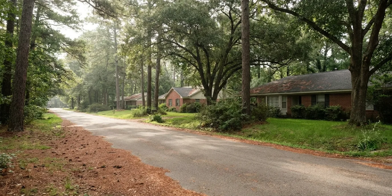 Homes set back among dense mature pines on a shaded street in Kingwood, Texas