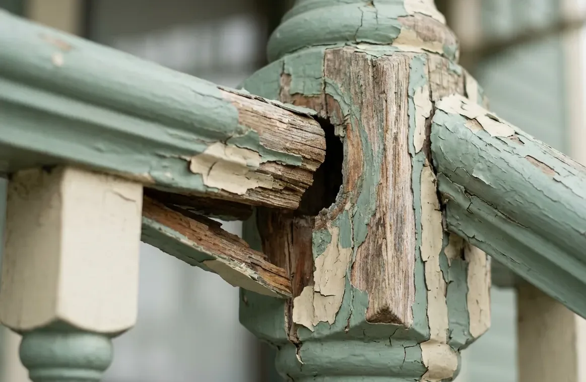 Split and rotted joint in the painted timber balustrade of a raised League City porch