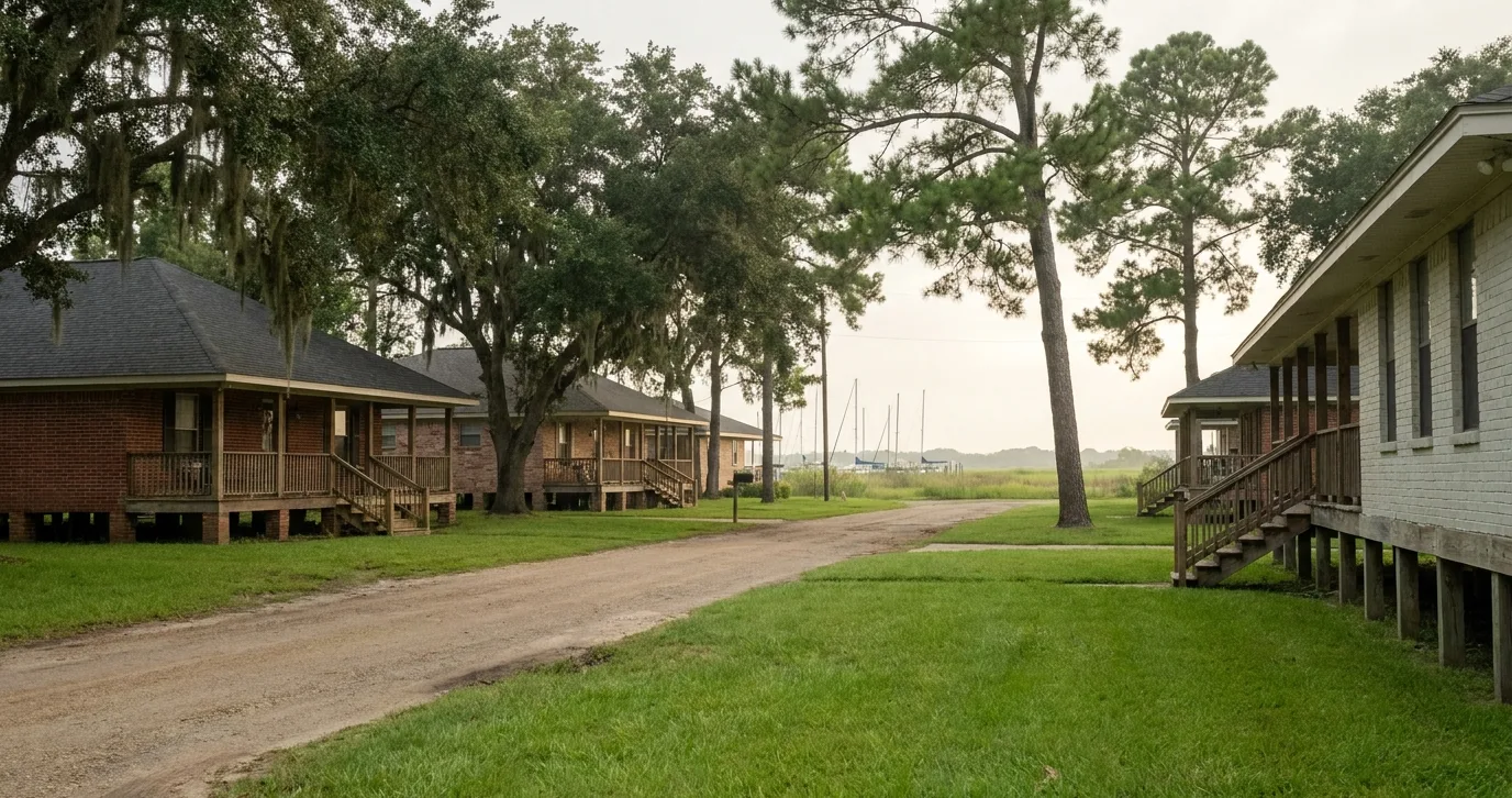 Waterside street of raised coastal homes with wide porches in League City, Texas