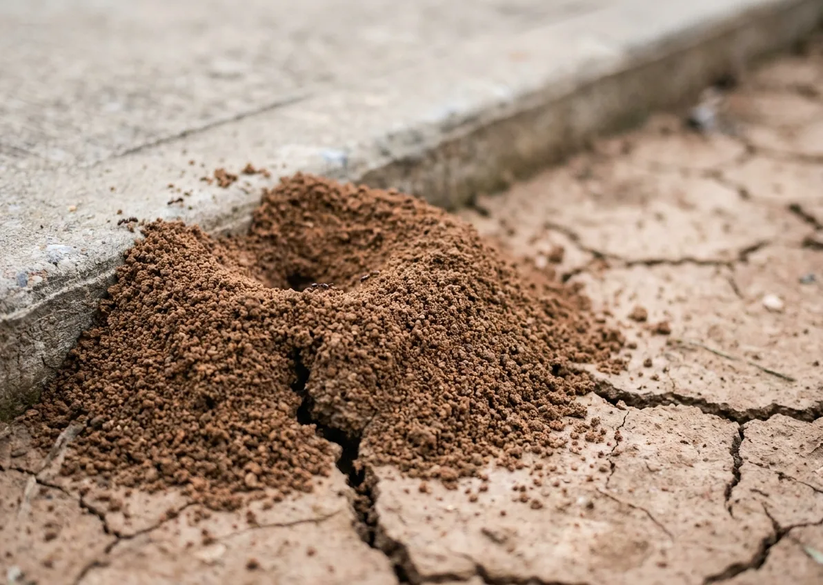 Fire ant mound pushed up through a crack in the clay soil beside a Missouri City driveway