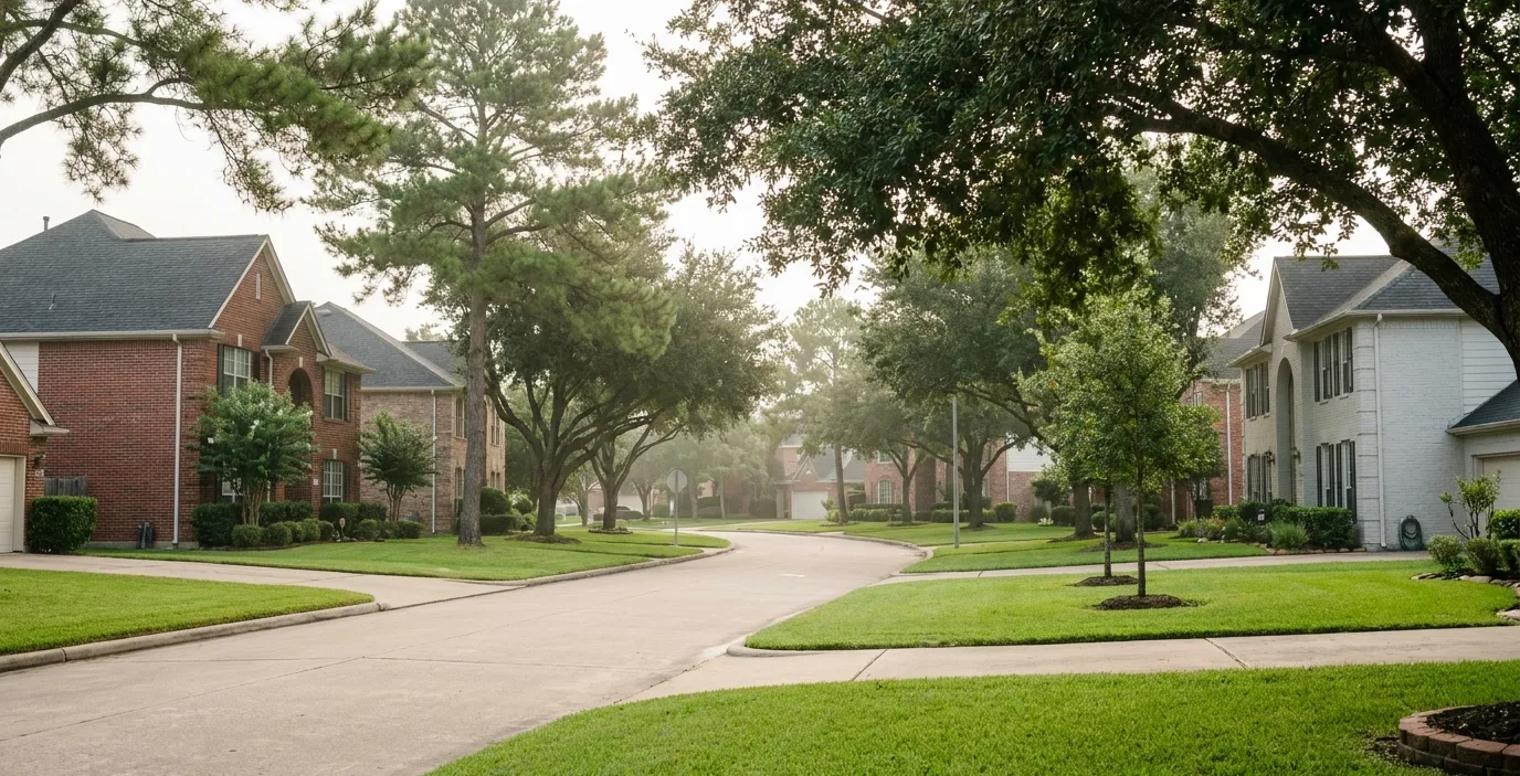 Curving street of two-storey brick homes on landscaped lots in Missouri City, Texas