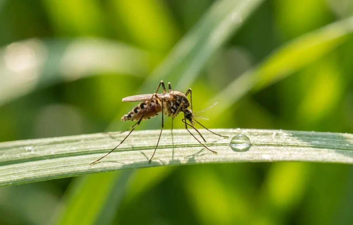 A mosquito perched on a blade of grass, the target of our mosquito control treatments