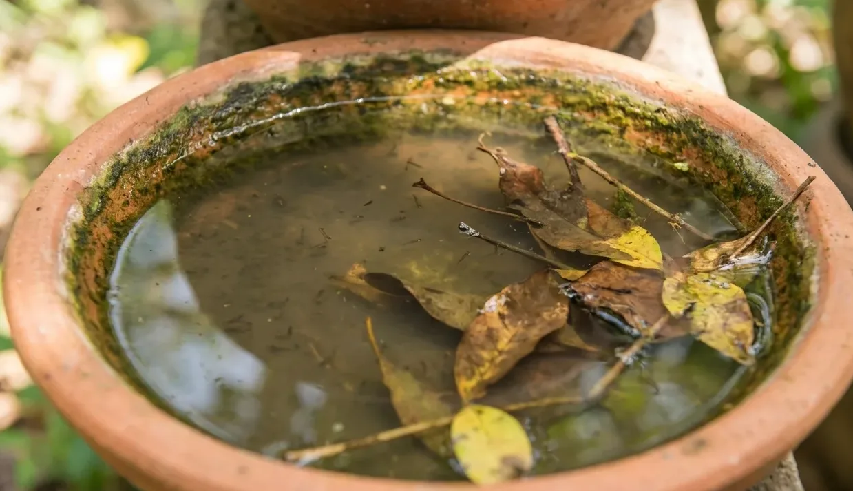 Rainwater standing in the saucer beneath a terracotta plant pot, a classic mosquito breeding site Rainwater standing in the saucer beneath a terracotta plant pot, a classic mosquito breeding site