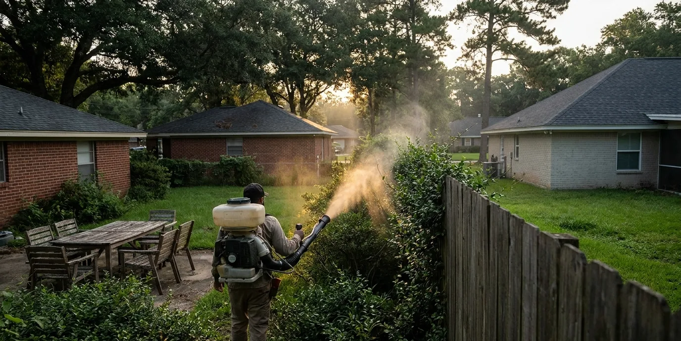 Technician misting shaded shrubbery along a Houston back fence line at dusk for mosquitoes