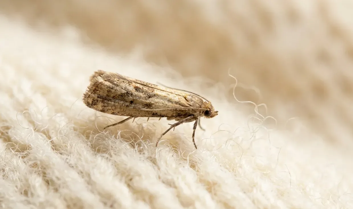 A clothes moth resting on a cream wool sweater during a moth control inspection
