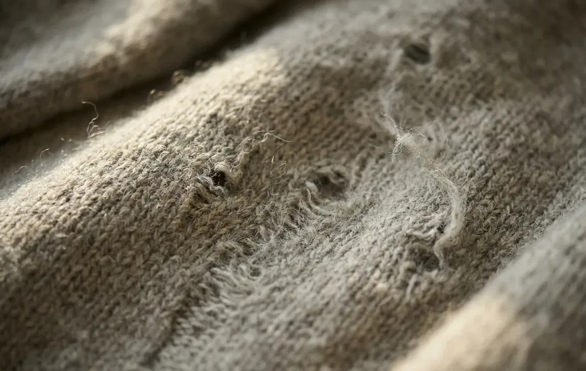 Small irregular feeding holes eaten through a woollen knit by clothes moth larvae