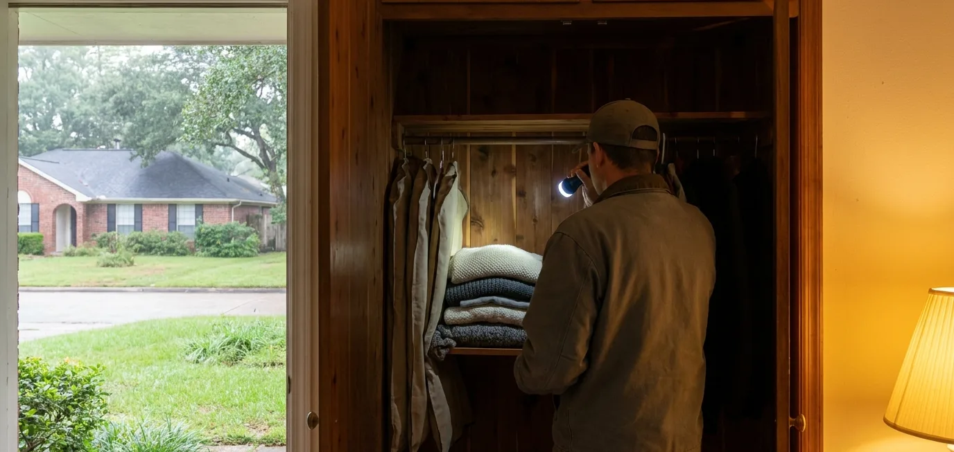 Technician checking folded woollens inside a cedar-lined wardrobe for clothes moth activity