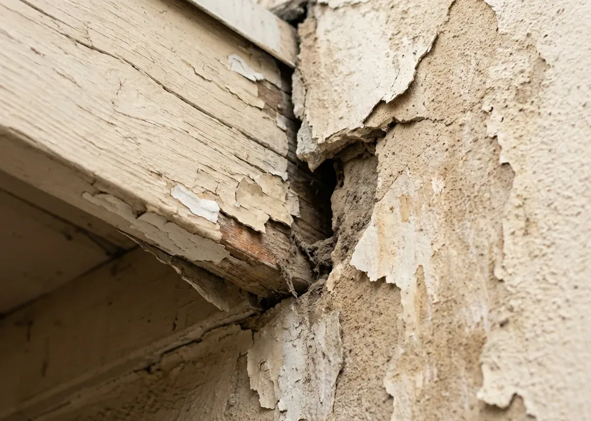 Paint flaking from a split timber eave board on an older Pasadena home