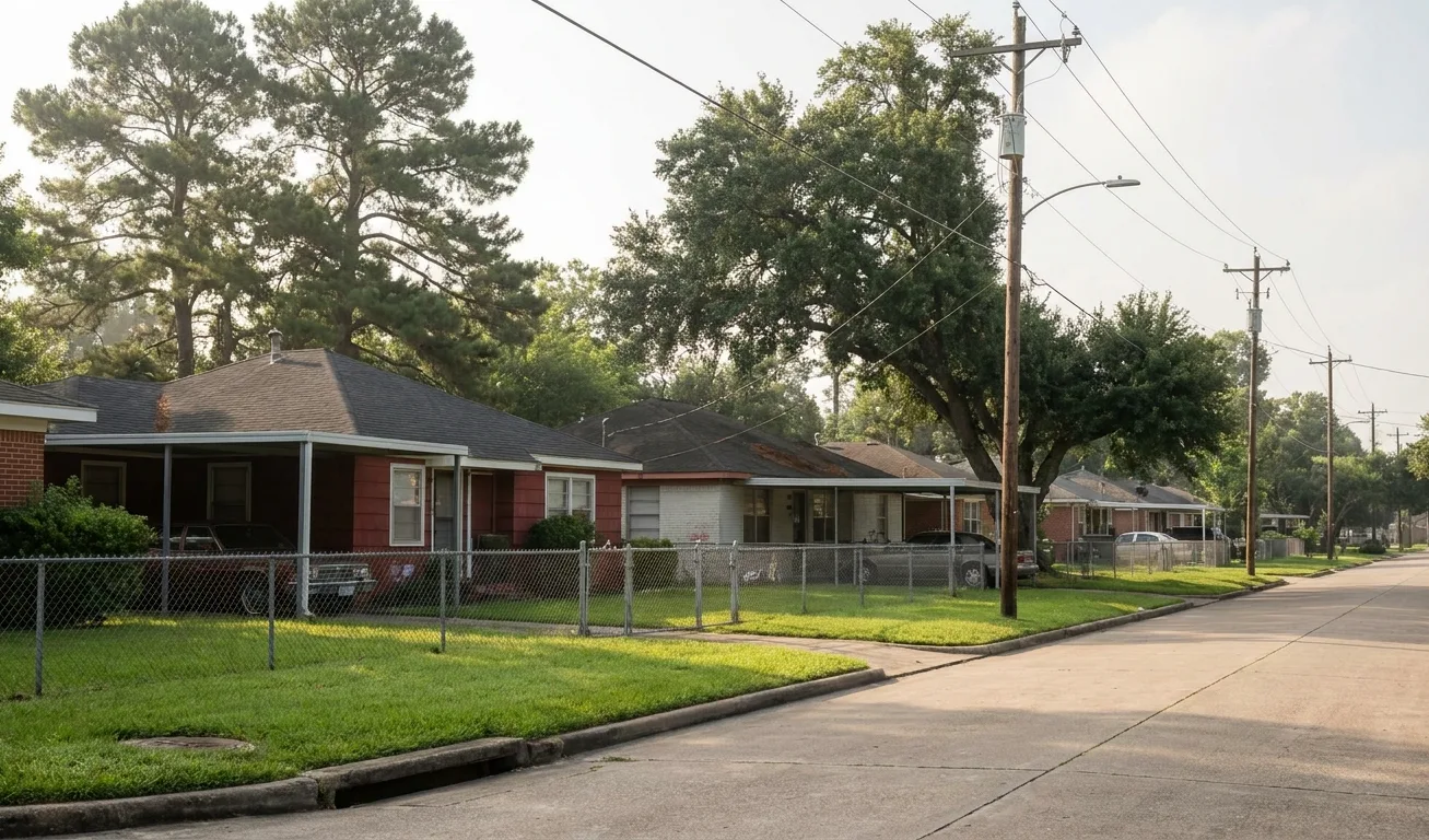 Working residential street of post-war brick homes with carports in Pasadena, Texas