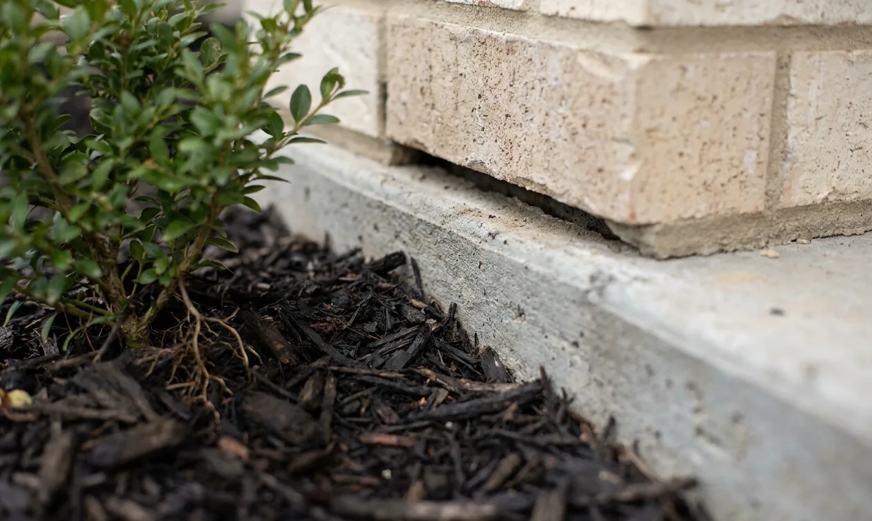 Gap at the slab edge behind fresh landscaping on a newly built Pearland home