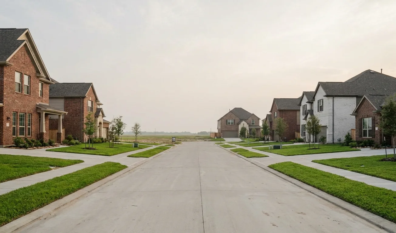 Newly built brick and stone homes on wide streets with young trees in Pearland, Texas