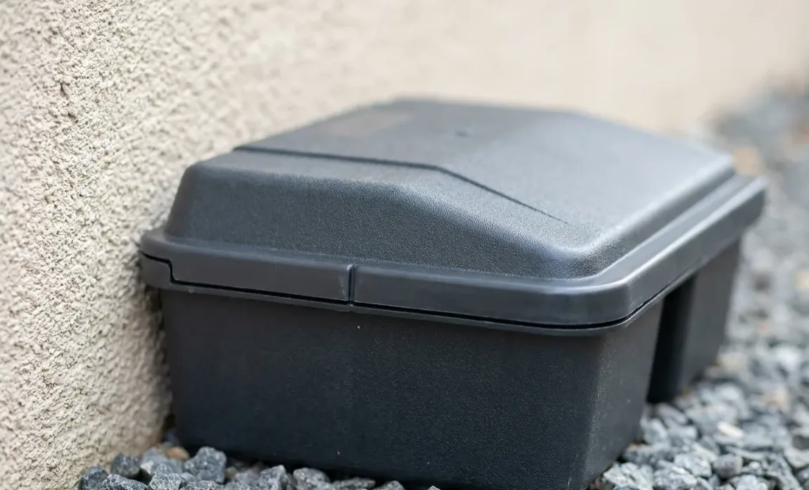 Tamper-resistant bait station set flush against an exterior wall on a bed of pea gravel