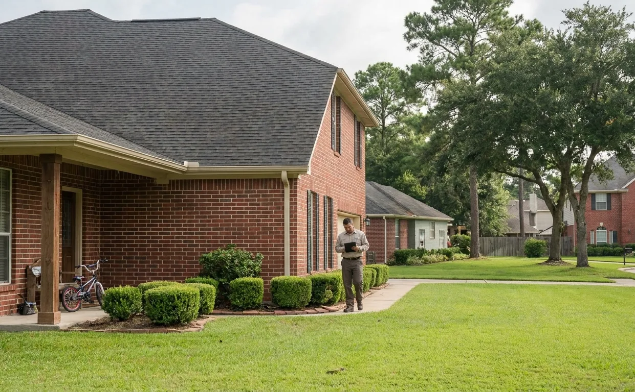 Technician walking the perimeter of a Houston brick family home with a service tablet