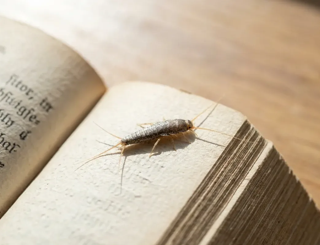 A silverfish on the open pages of an old book, the damage silverfish control prevents