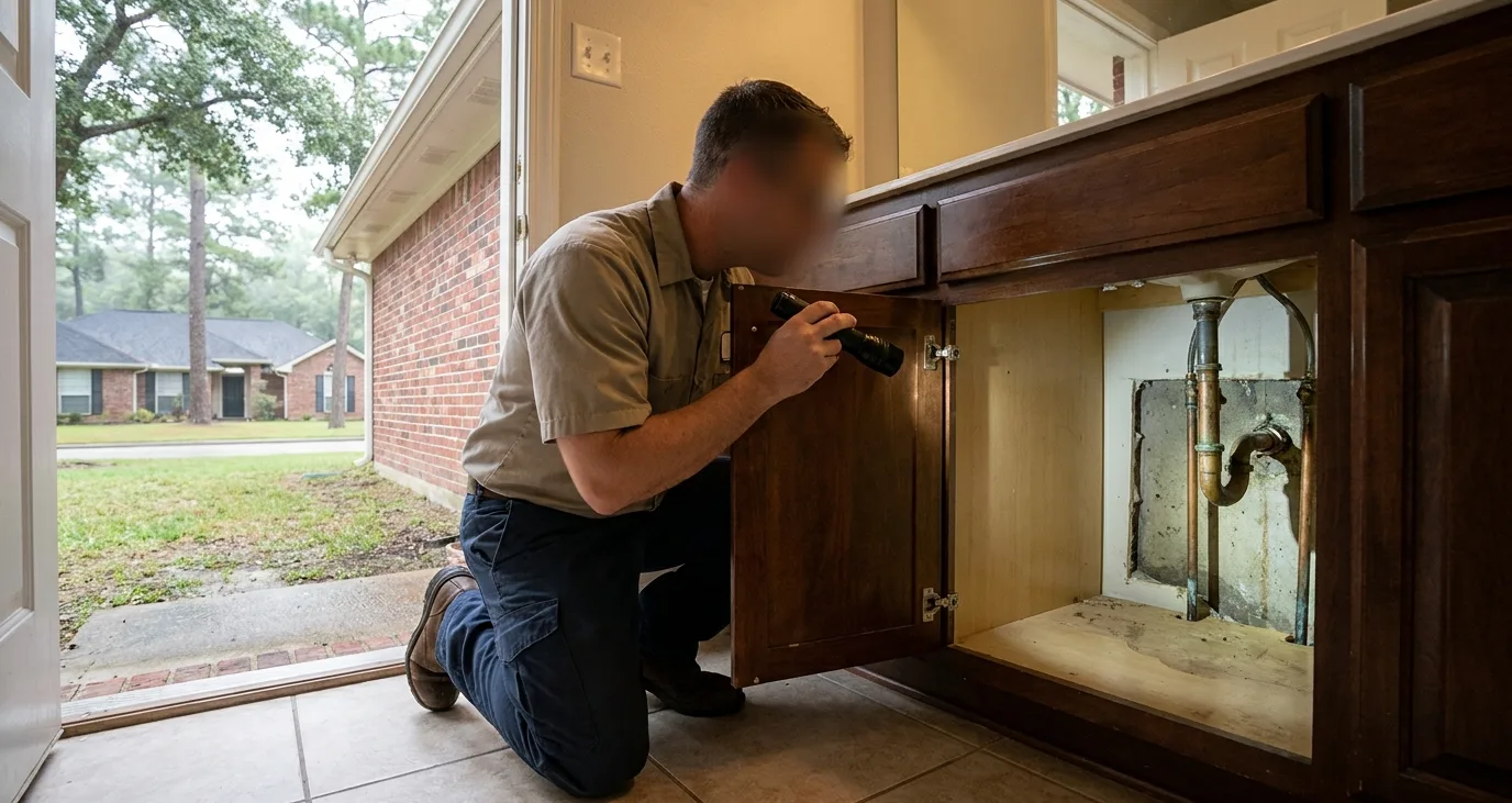 Technician inspecting the damp void behind a bathroom vanity where silverfish shelter
