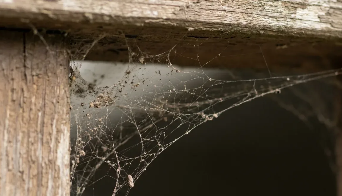Tangled irregular web spun beneath the underside of a timber patio railing