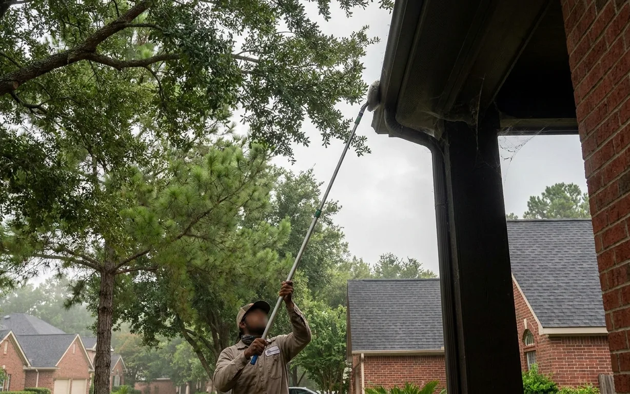 Technician clearing cobwebbing from the corner of a covered Houston patio with an extension duster