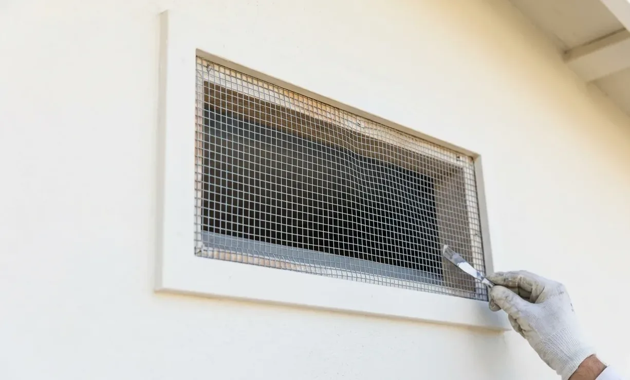 Gable vent newly fitted with grey metal mesh to keep squirrels out of an attic
