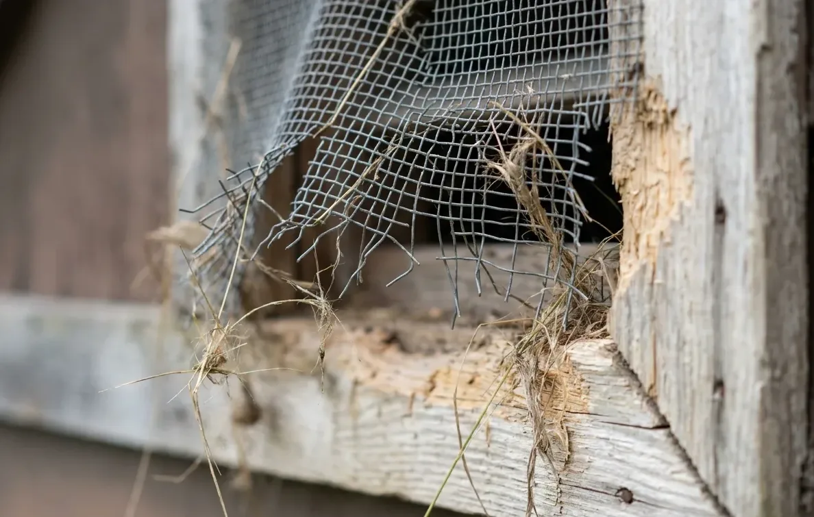 Gnawed timber and caught nesting fibre around a torn gable vent screen