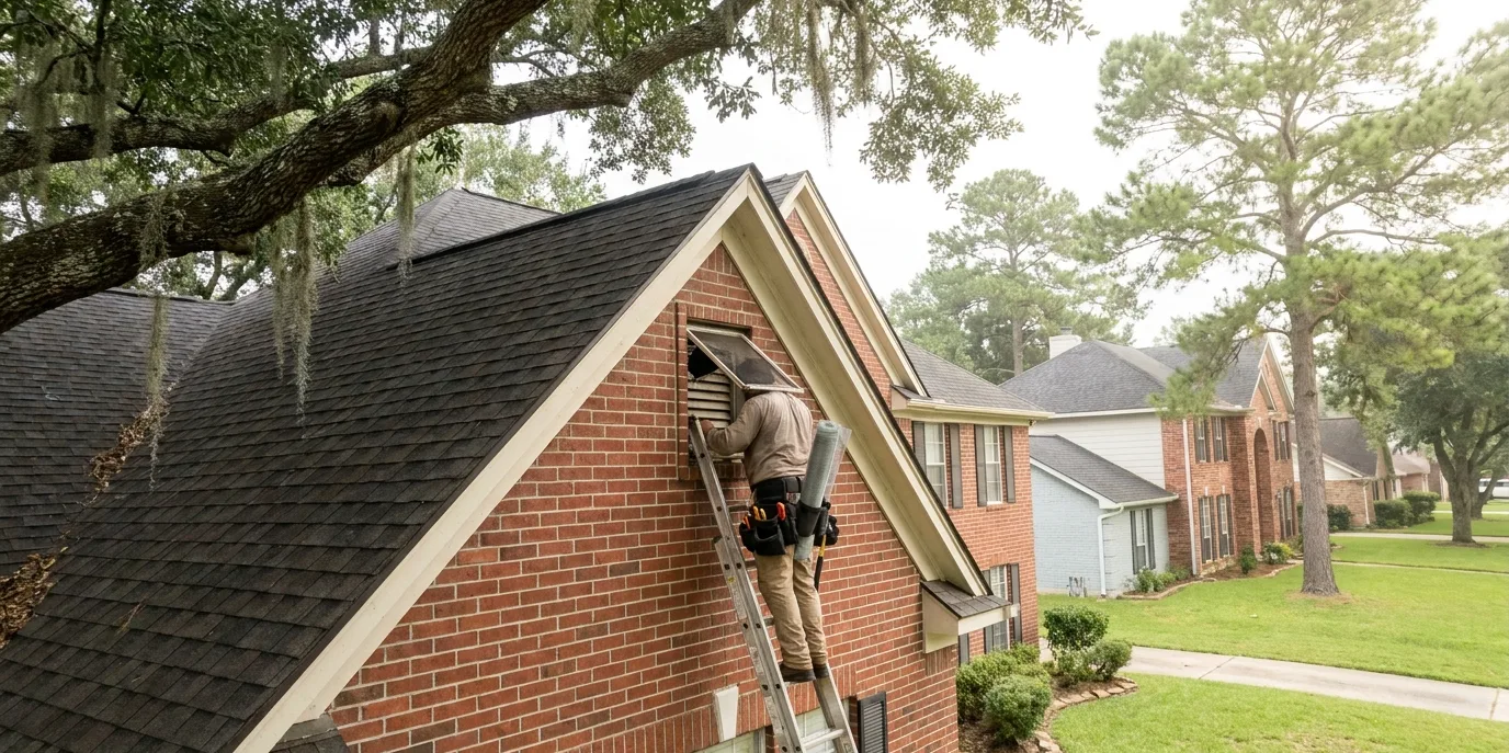 Technician on a ladder examining a torn gable vent where squirrels are entering a Houston attic