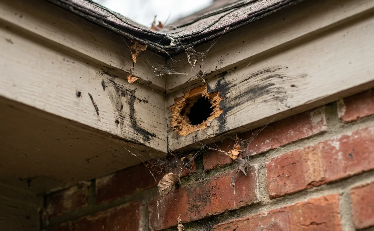 Rodent rub-marks and a gnawed opening at the soffit return of a Sugar Land home