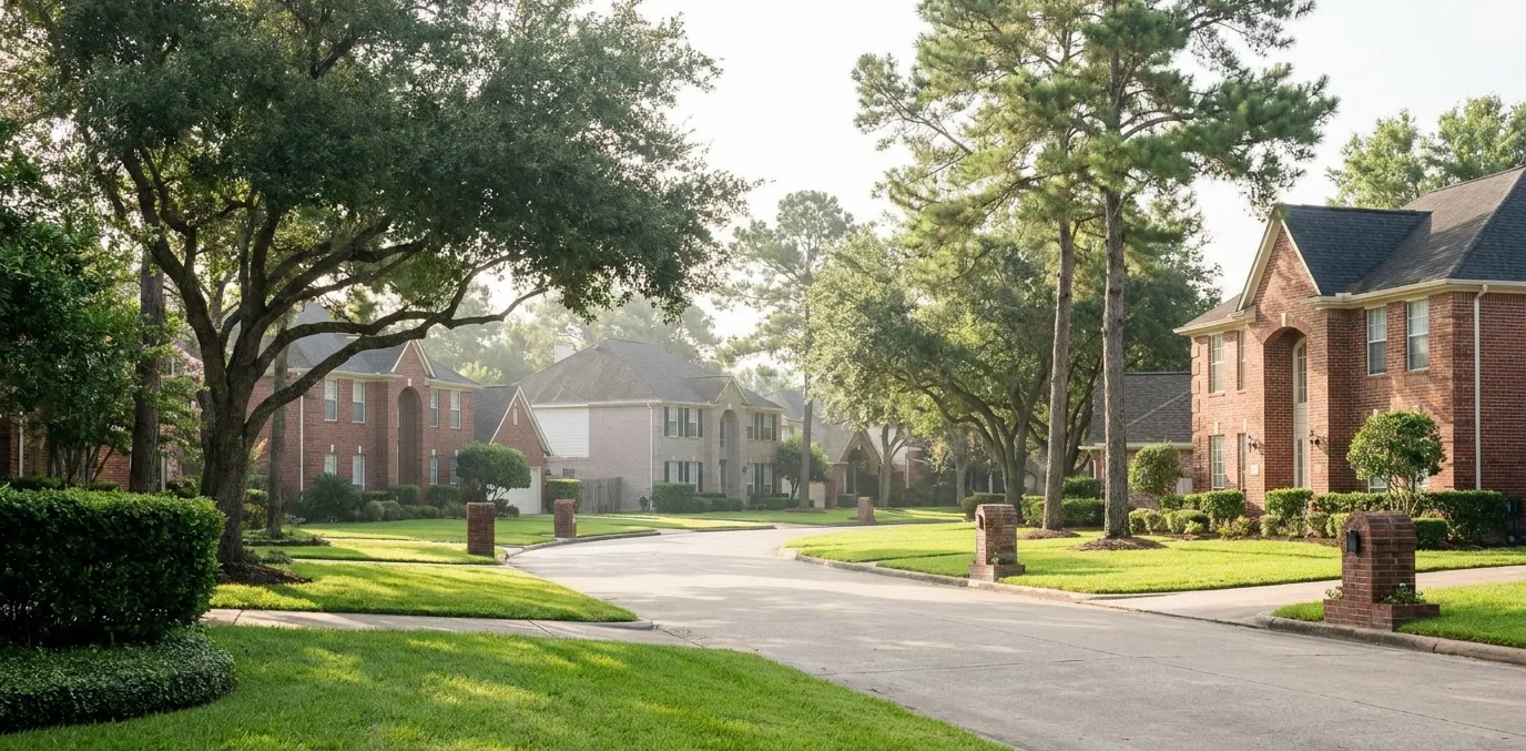 Master-planned street of uniform brick homes with clipped lawns in Sugar Land, Texas