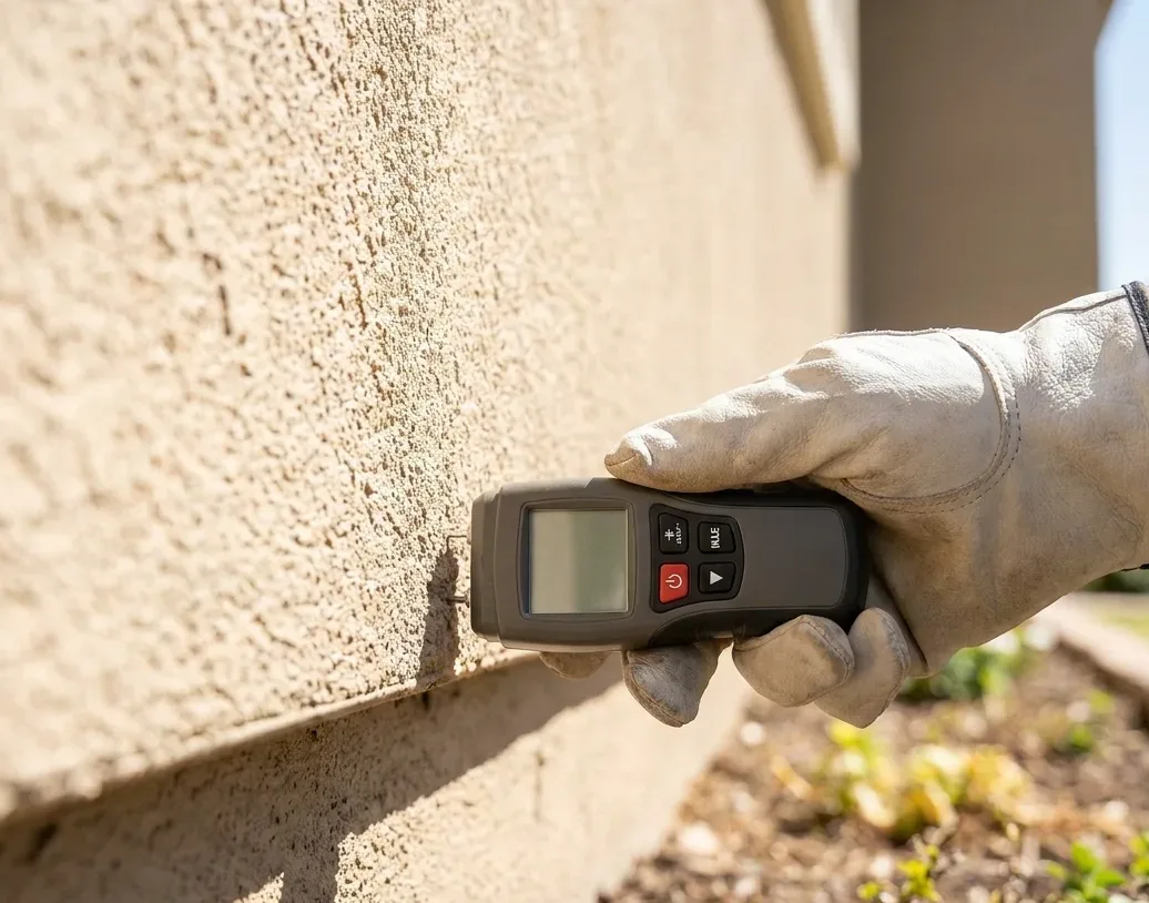 Gloved hand pressing a digital moisture meter to a rendered exterior wall during a termite inspection