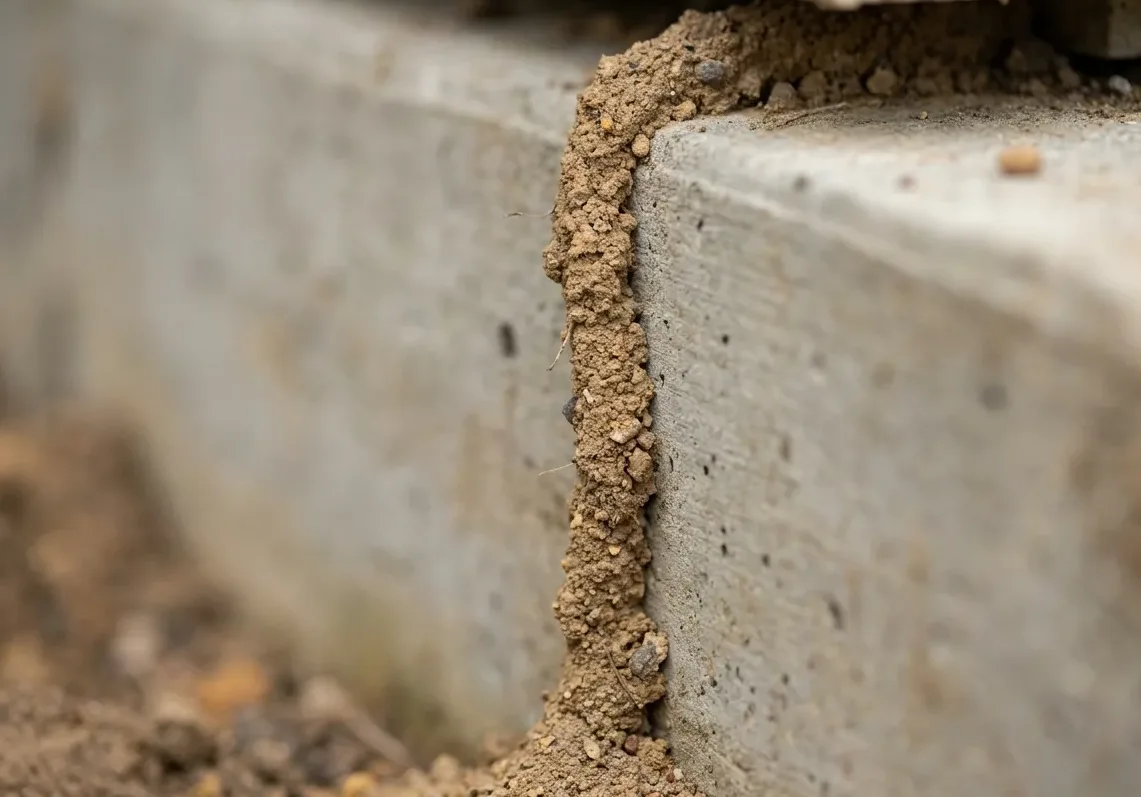 Earthen termite mud tube climbing the face of a concrete stem wall Earthen termite mud tube climbing the face of a concrete stem wall