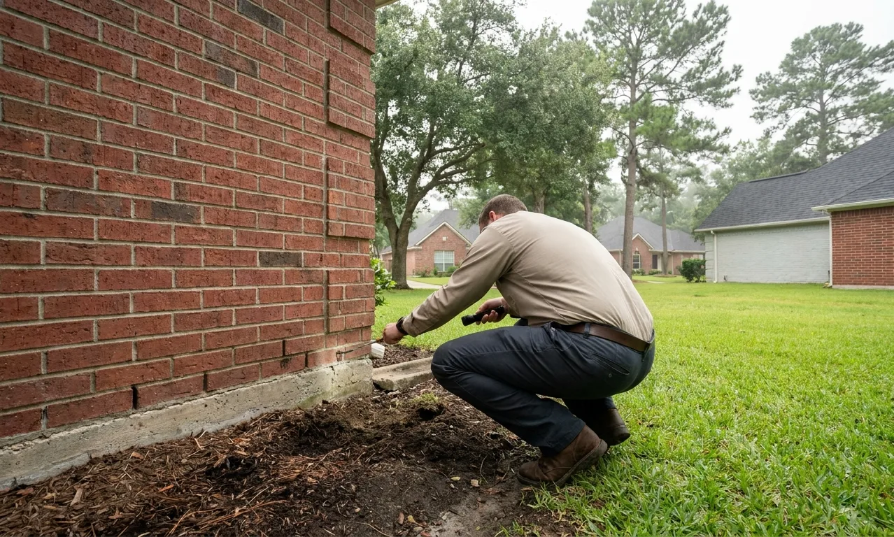 Technician probing the brick weep holes at the base of a Houston wall during a termite inspection