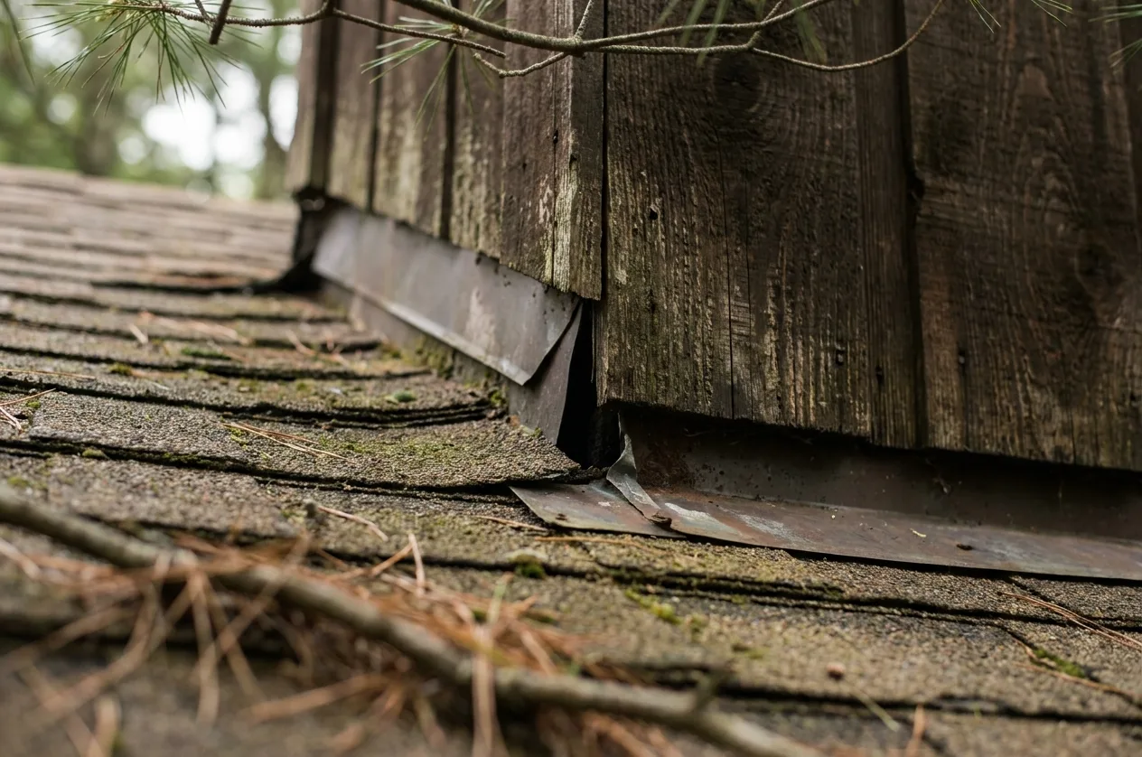 Rodent entry gap where a roofline meets the chimney chase on a home in The Woodlands