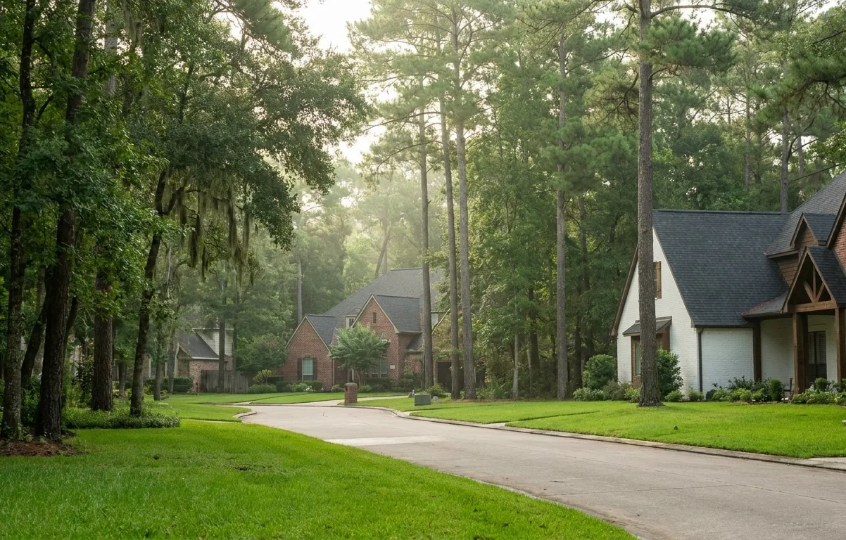 Wooded residential street where homes sit among tall pines in The Woodlands, Texas